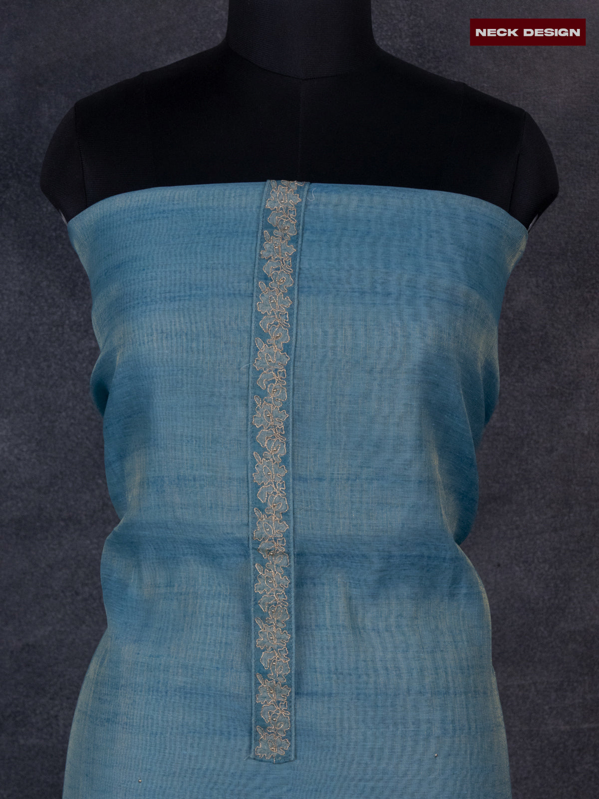Tissue linen dress material blue with embroidery work simple neck pattern and bottom & dupatta