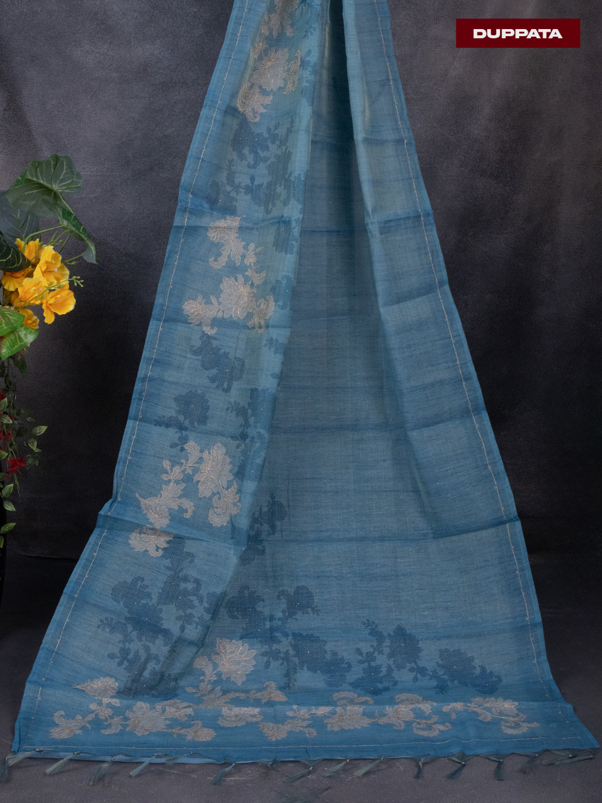 Tissue linen dress material blue with embroidery work simple neck pattern and bottom & dupatta