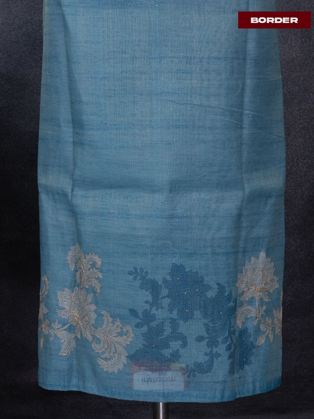 Tissue linen dress material blue with embroidery work simple neck pattern and bottom & dupatta