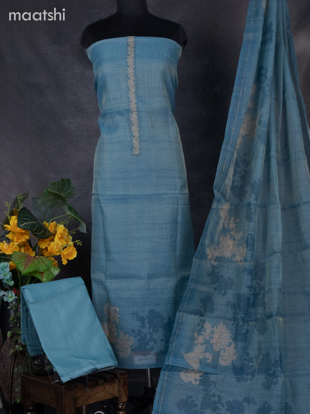Tissue linen dress material blue with embroidery work simple neck pattern and bottom & dupatta