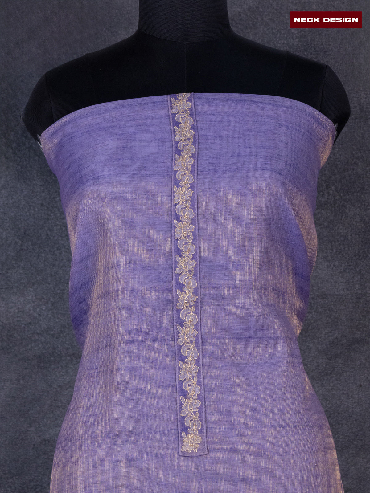 Tissue linen dress material lavender shade with embroidery work simple neck pattern and bottom & dupatta