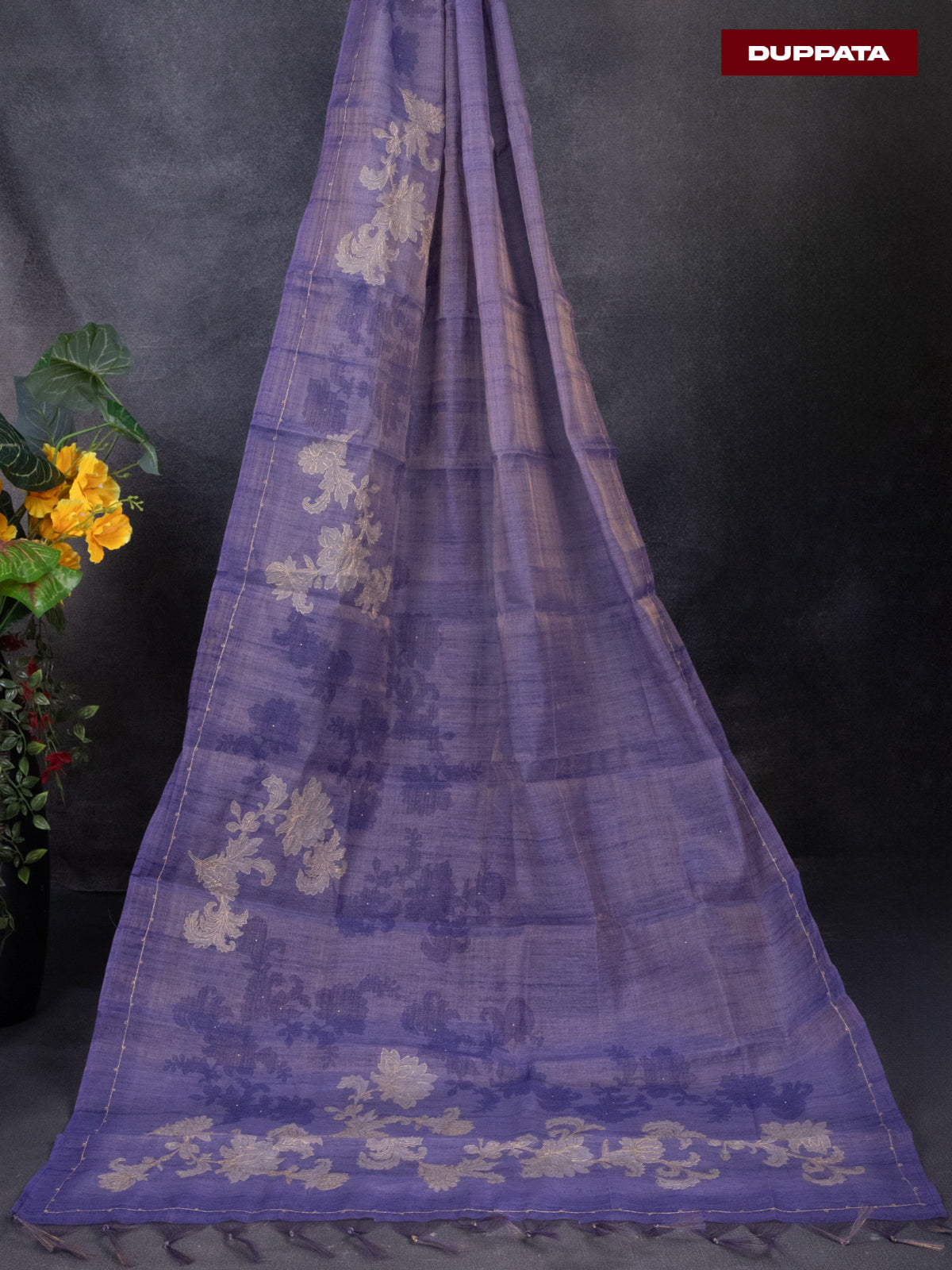 Tissue linen dress material lavender shade with embroidery work simple neck pattern and bottom & dupatta