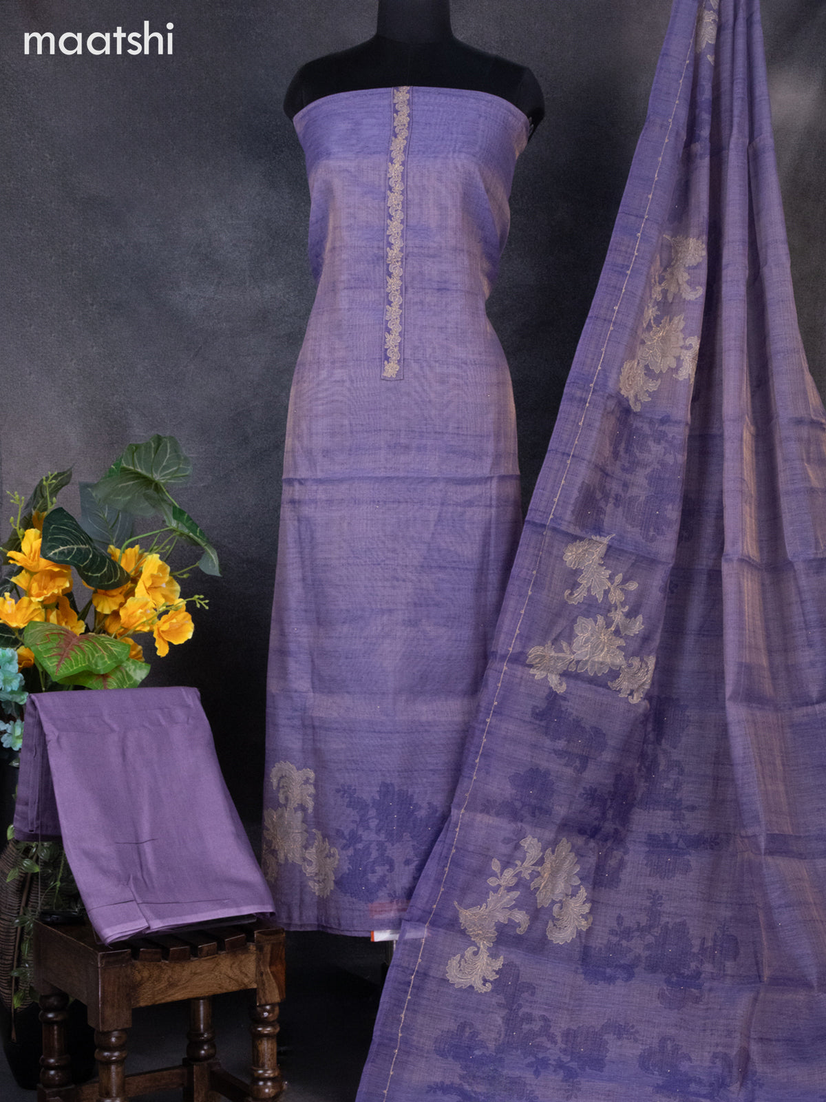 Tissue linen dress material lavender shade with embroidery work simple neck pattern and bottom & dupatta