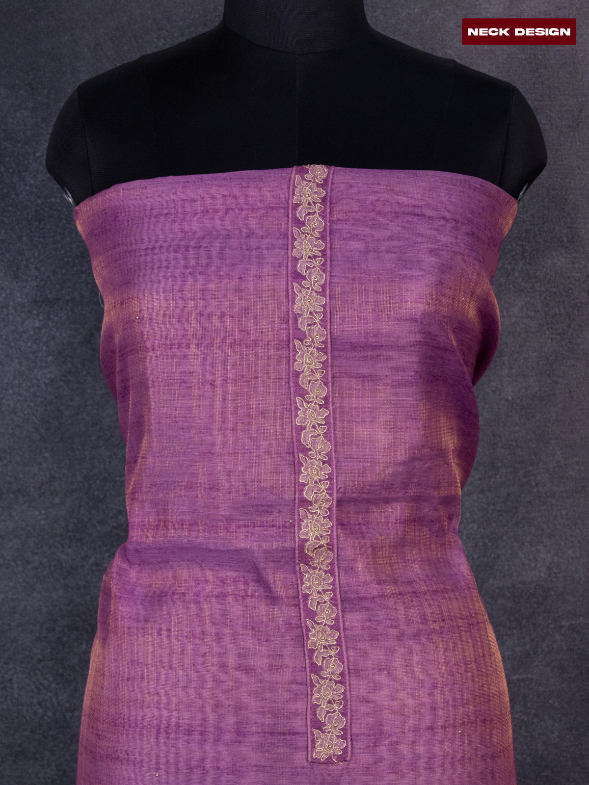 Tissue linen dress material onion pink with embroidery work simple neck pattern and bottom & dupatta