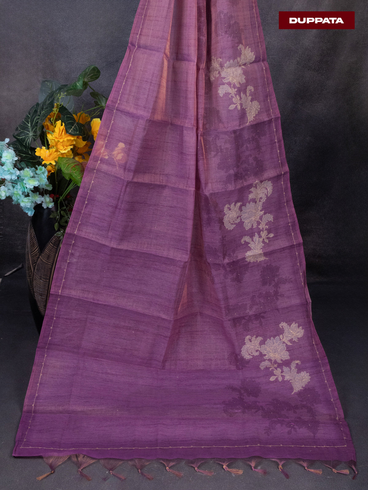 Tissue linen dress material onion pink with embroidery work simple neck pattern and bottom & dupatta