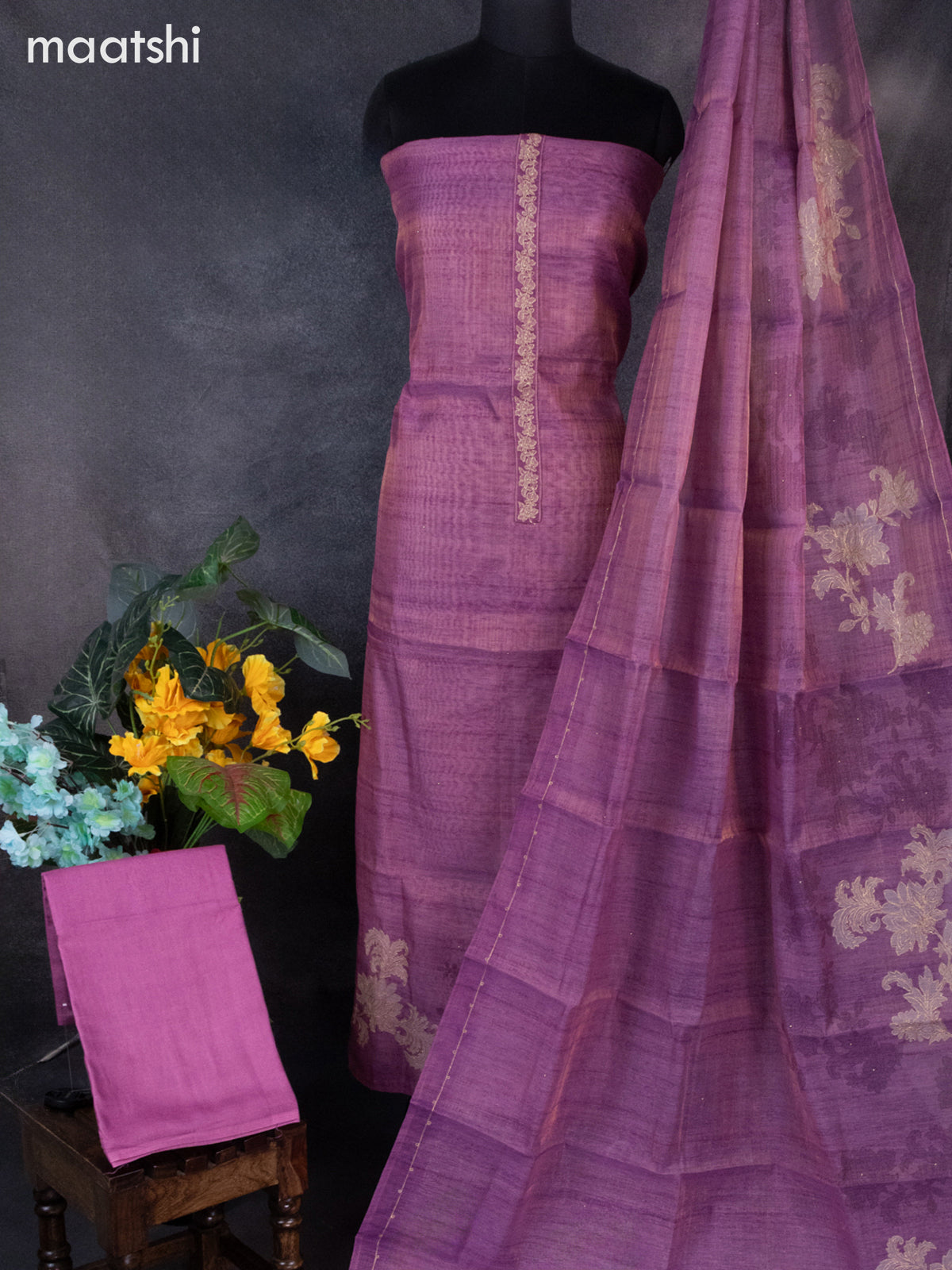 Tissue linen dress material onion pink with embroidery work simple neck pattern and bottom & dupatta