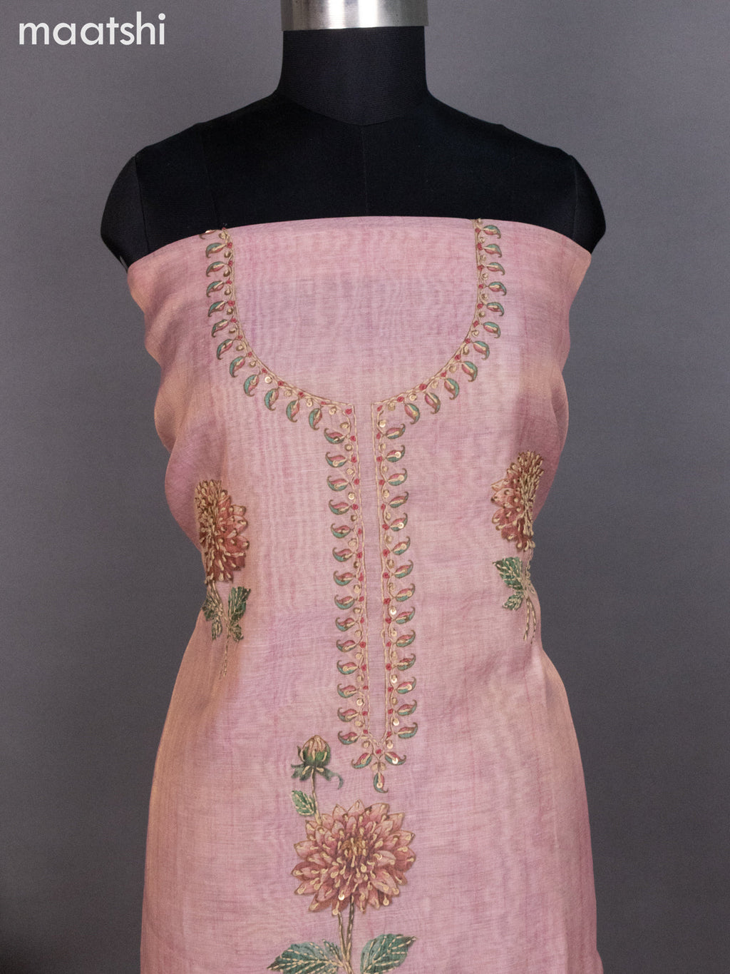 Tissue linen dress material peach pink with kantha stich work neck pattern and bottom & dupatta