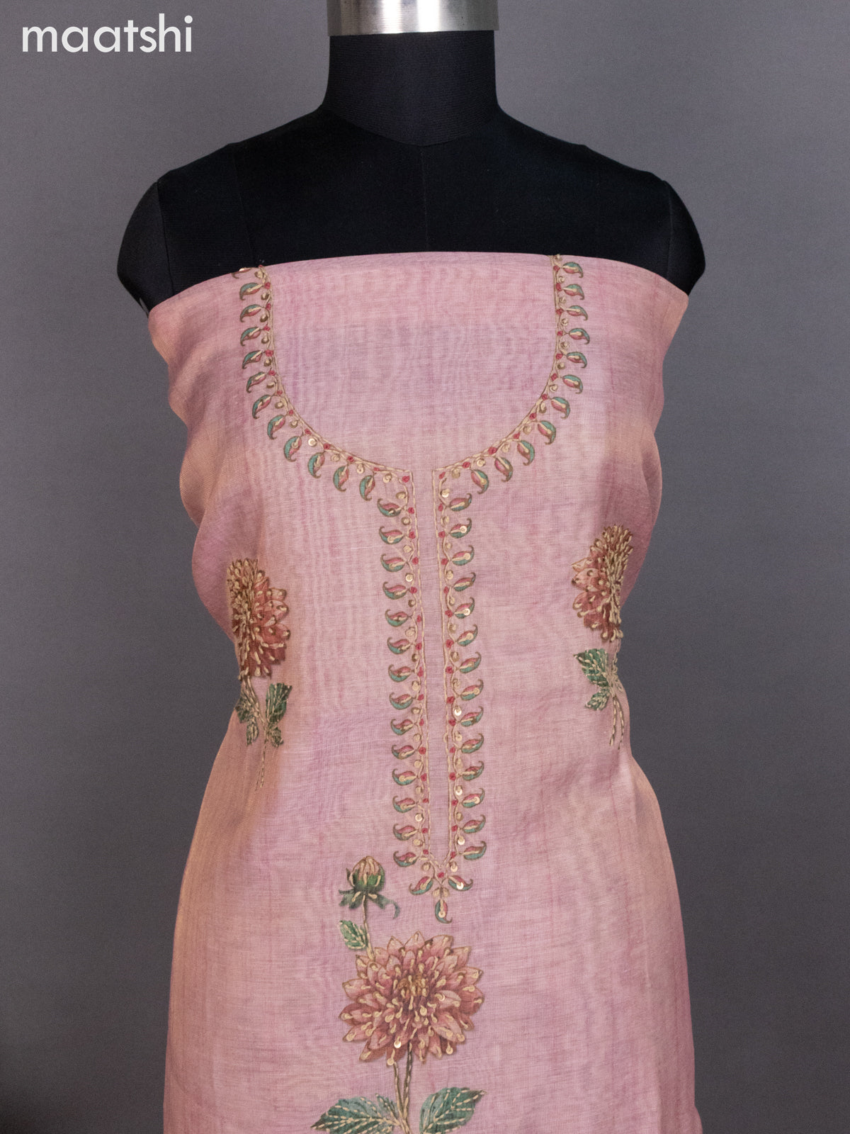 Tissue linen dress material peach pink with kantha stich work neck pattern and bottom & dupatta