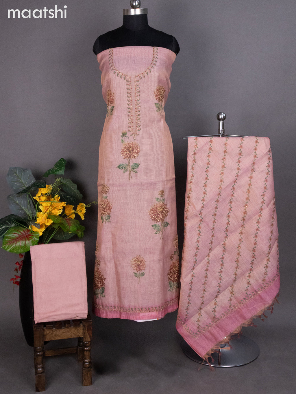 Tissue linen dress material peach pink with kantha stich work neck pattern and bottom & dupatta