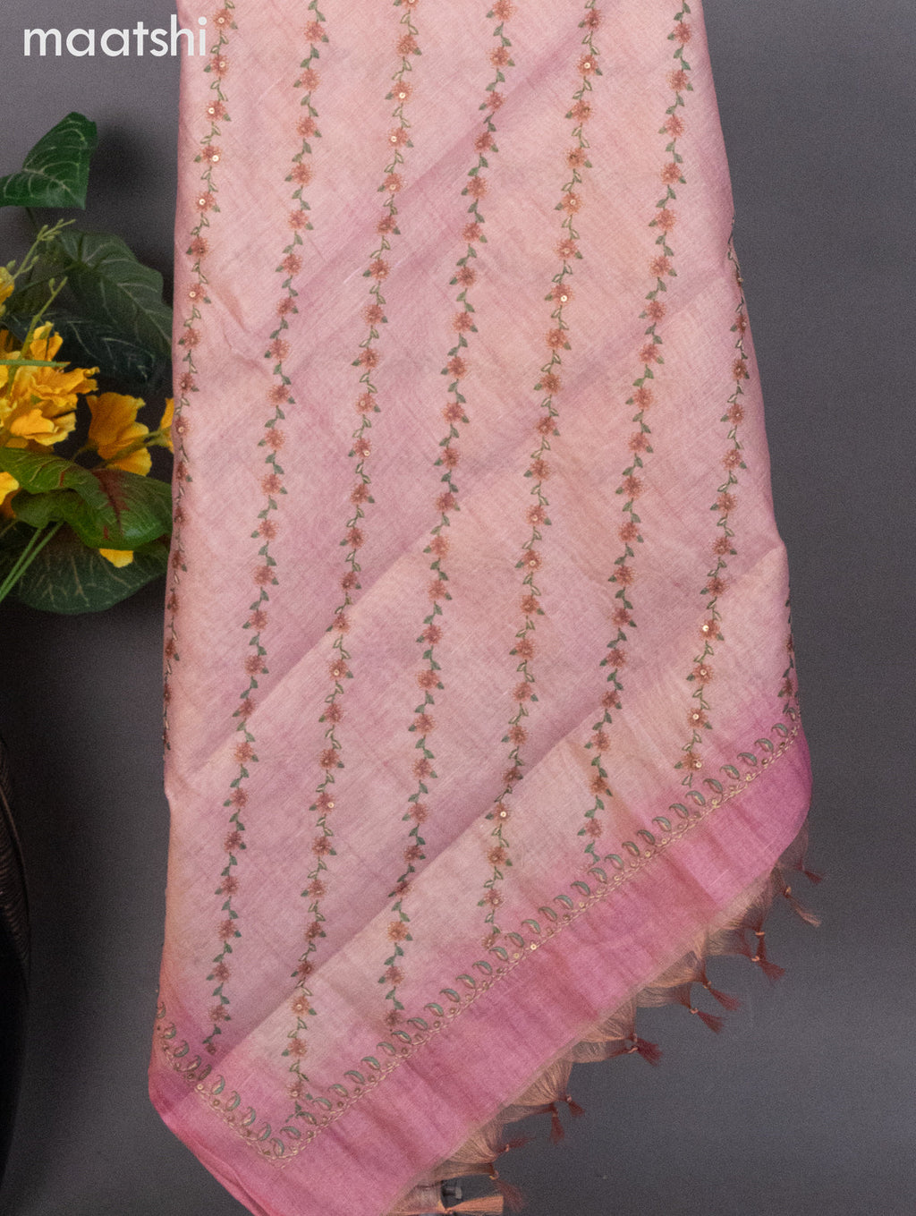Tissue linen dress material peach pink with kantha stich work neck pattern and bottom & dupatta
