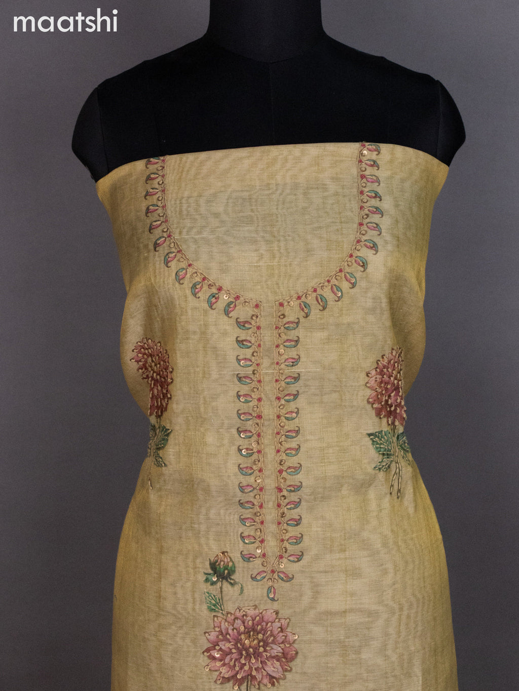 Tissue linen dress material sandal with kantha stich work neck pattern and bottom & dupatta