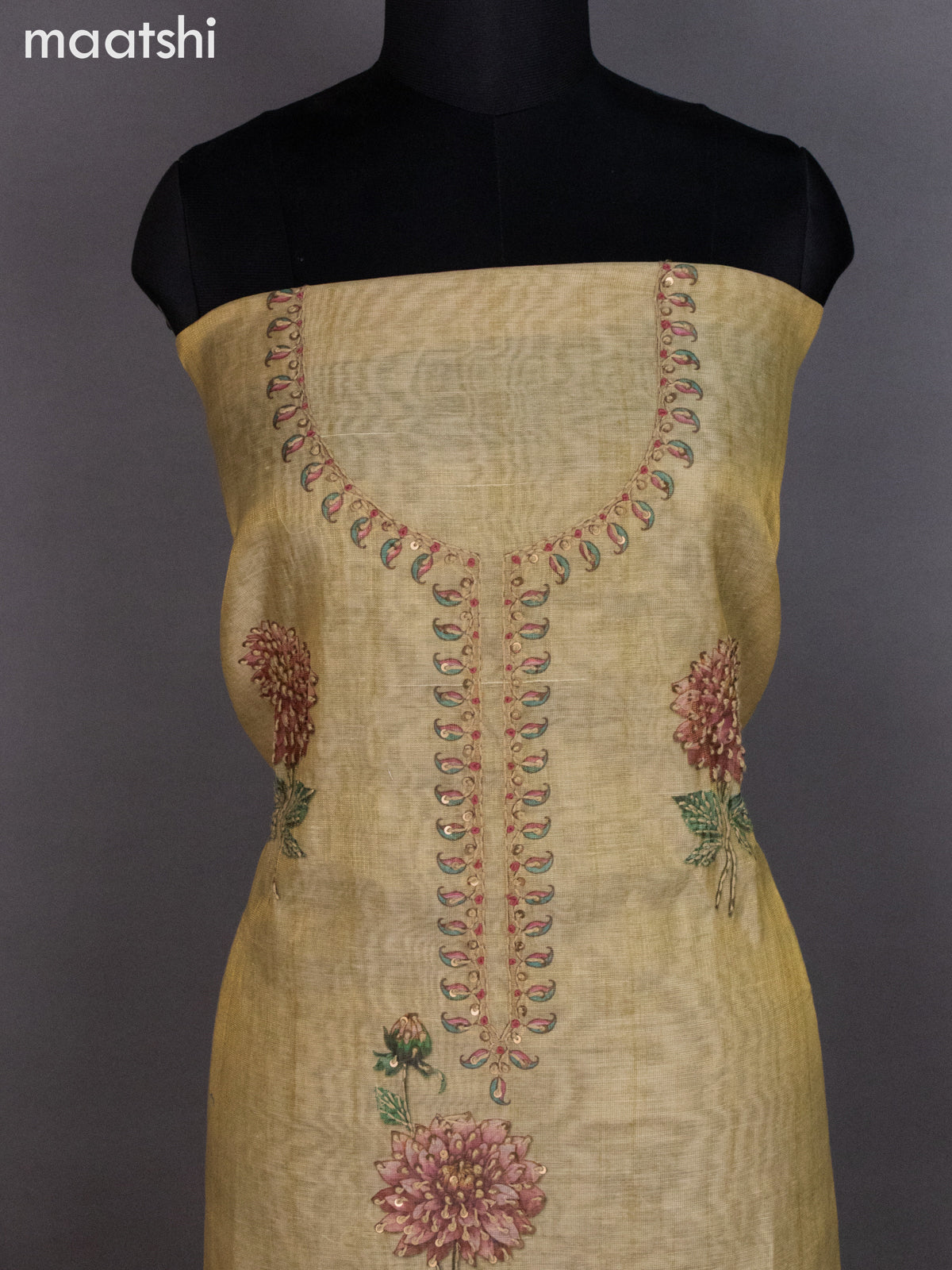 Tissue linen dress material sandal with kantha stich work neck pattern and bottom & dupatta