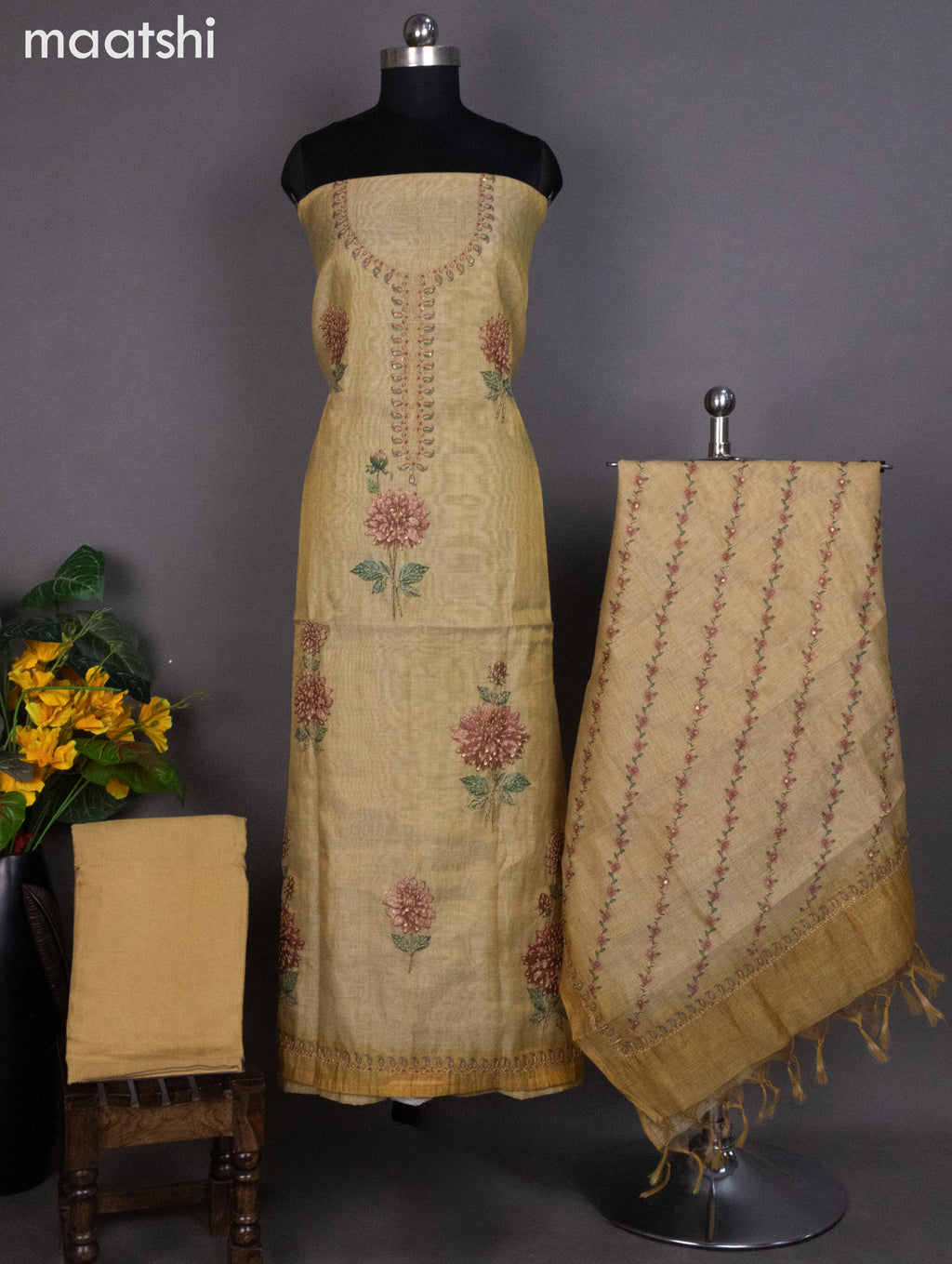 Tissue linen dress material sandal with kantha stich work neck pattern and bottom & dupatta