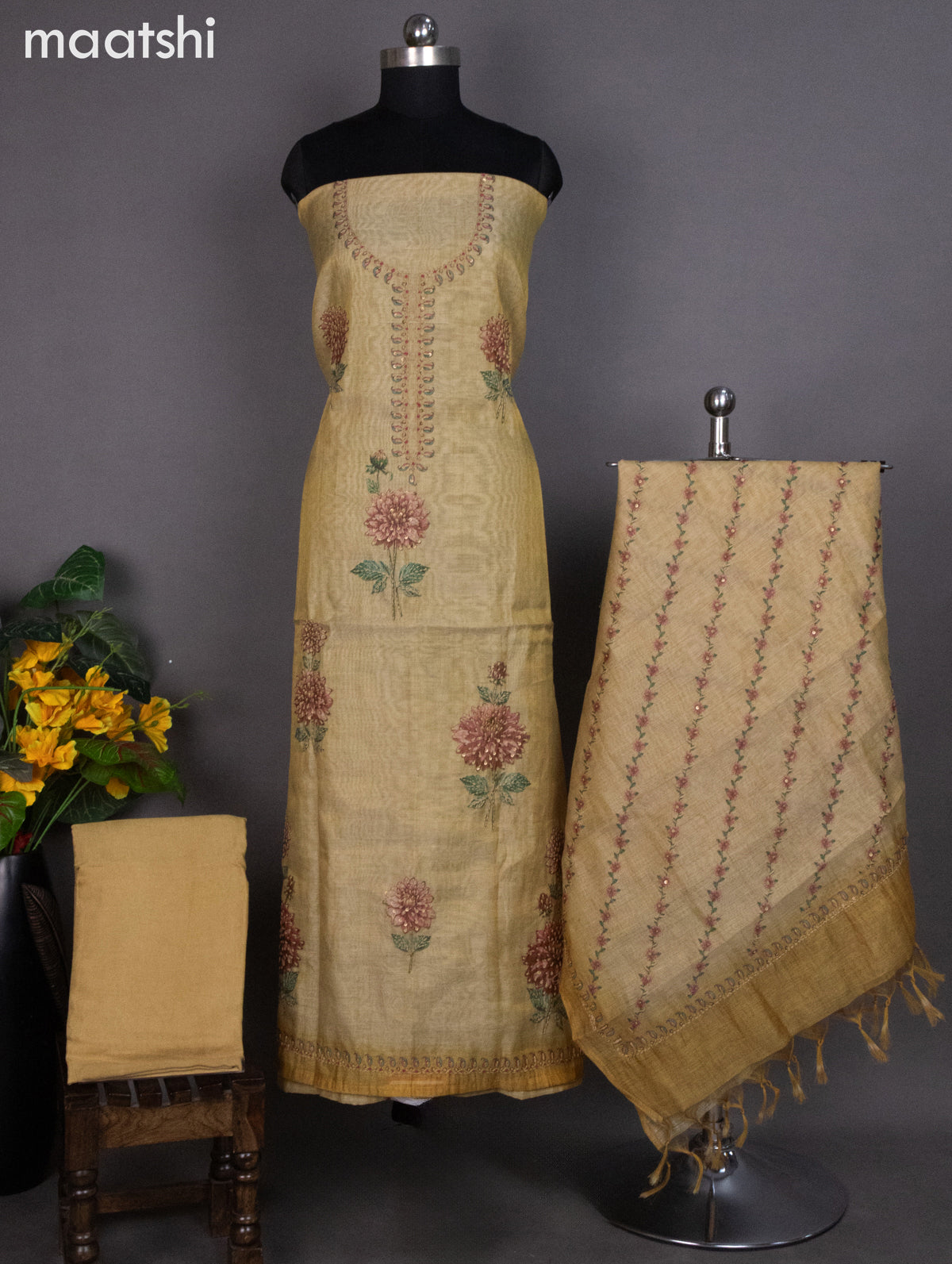Tissue linen dress material sandal with kantha stich work neck pattern and bottom & dupatta