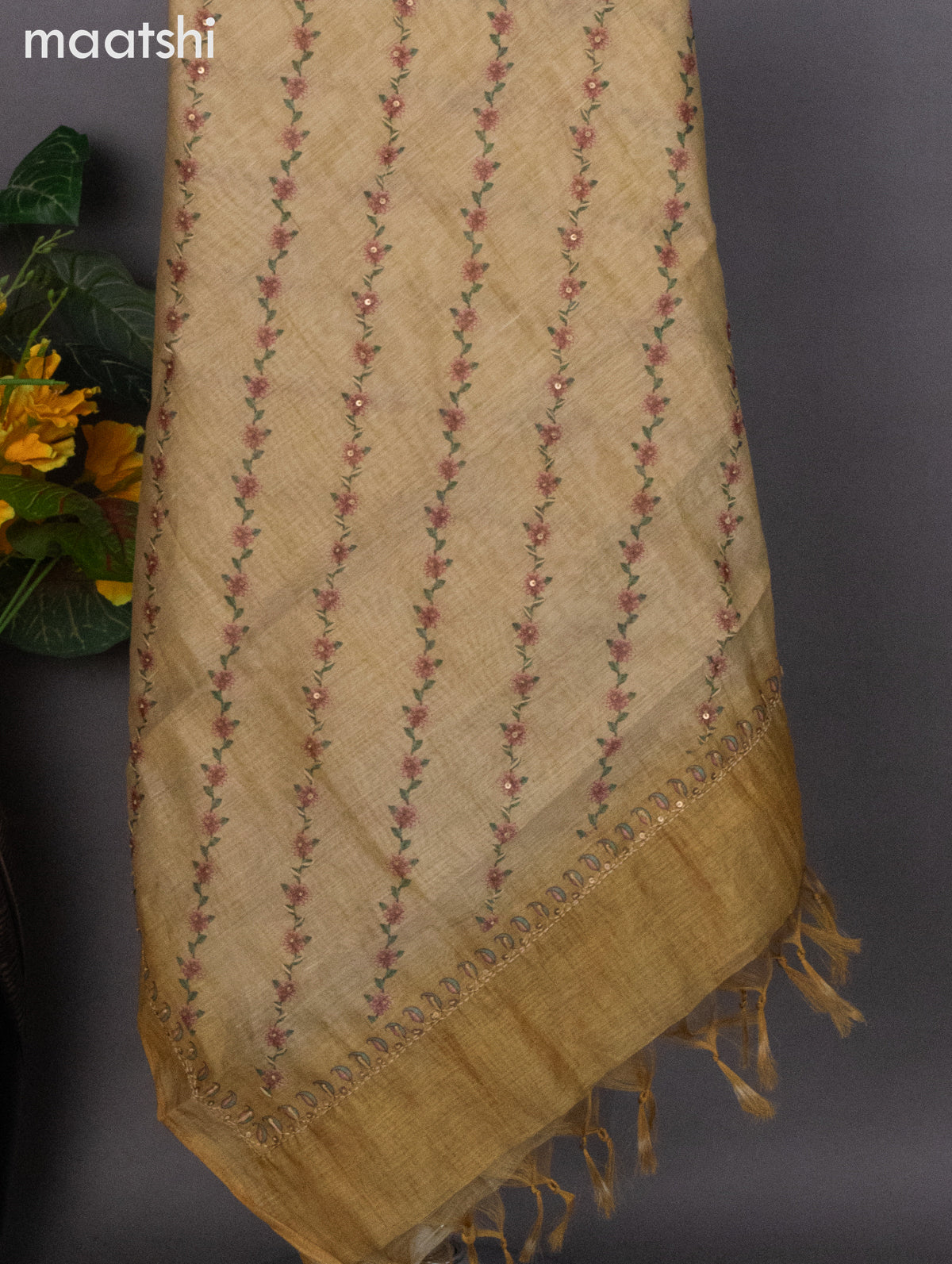 Tissue linen dress material sandal with kantha stich work neck pattern and bottom & dupatta