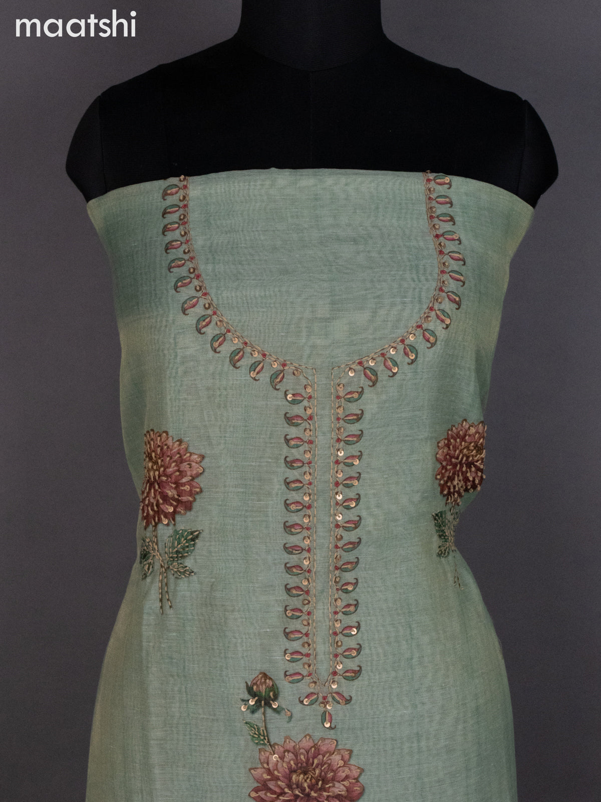 Tissue linen dress material pastel green with kantha stich work neck pattern and bottom & dupatta