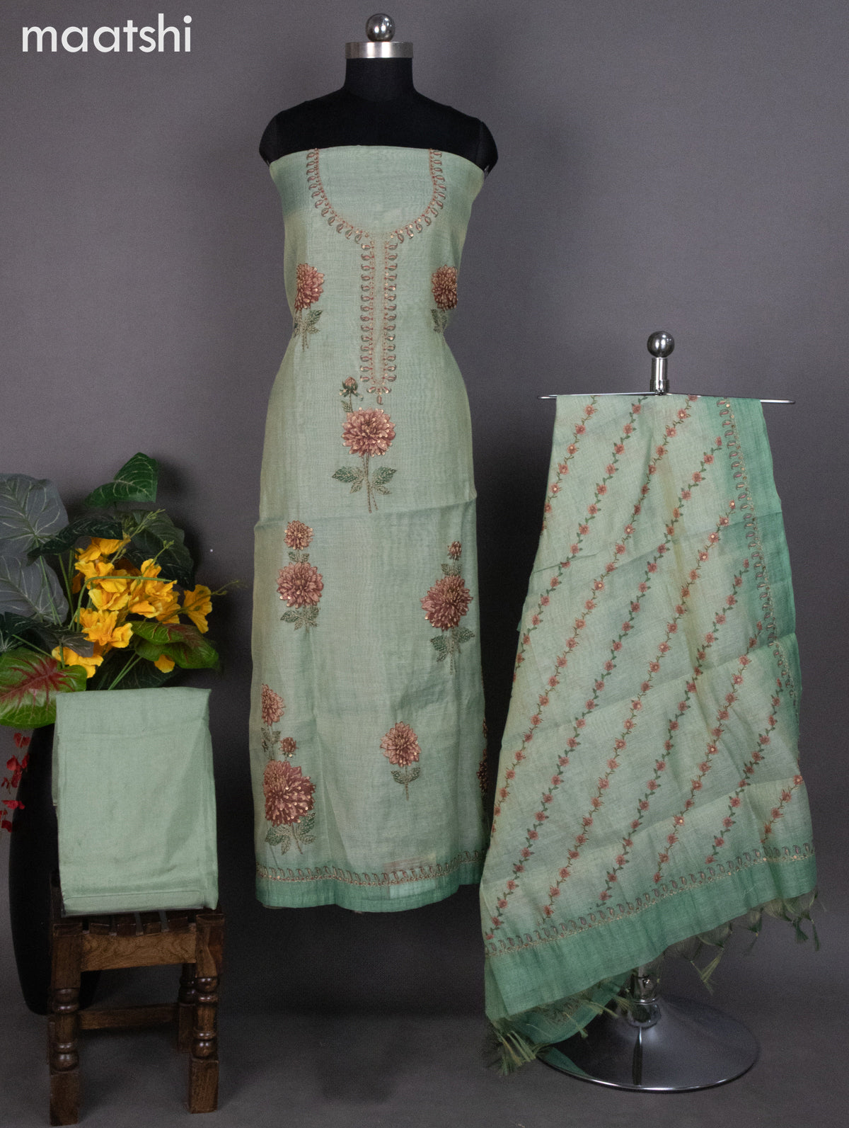 Tissue linen dress material pastel green with kantha stich work neck pattern and bottom & dupatta