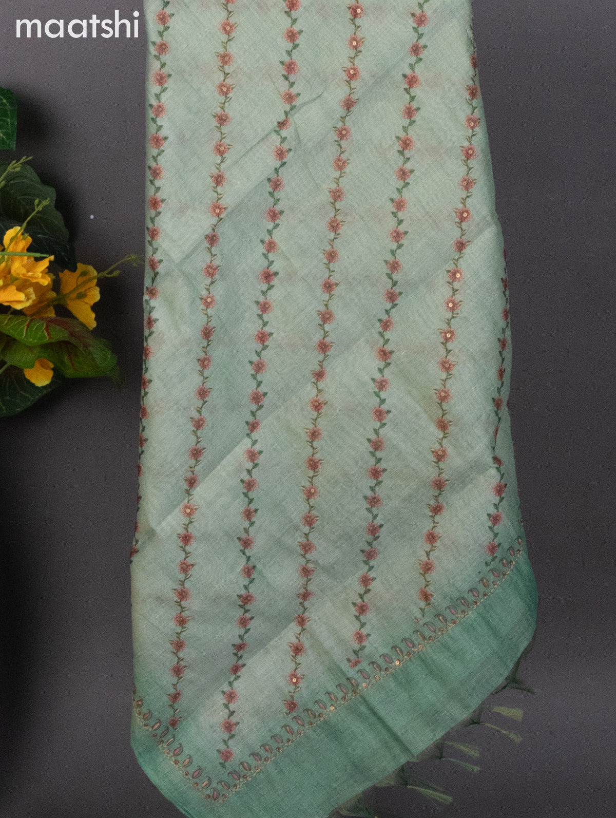 Tissue linen dress material pastel green with kantha stich work neck pattern and bottom & dupatta