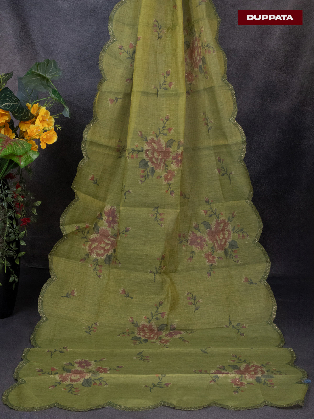 Tissue linen dress material green shade with floral buttas & embroidery work and bottom & printed dupatta