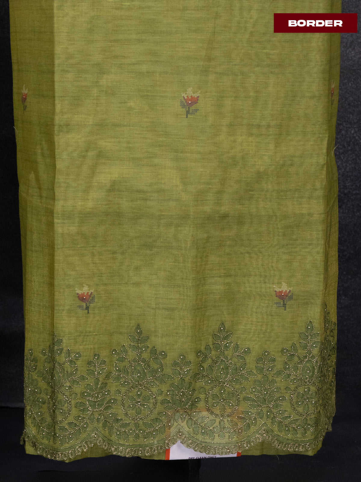 Tissue linen dress material green shade with floral buttas & embroidery work and bottom & printed dupatta