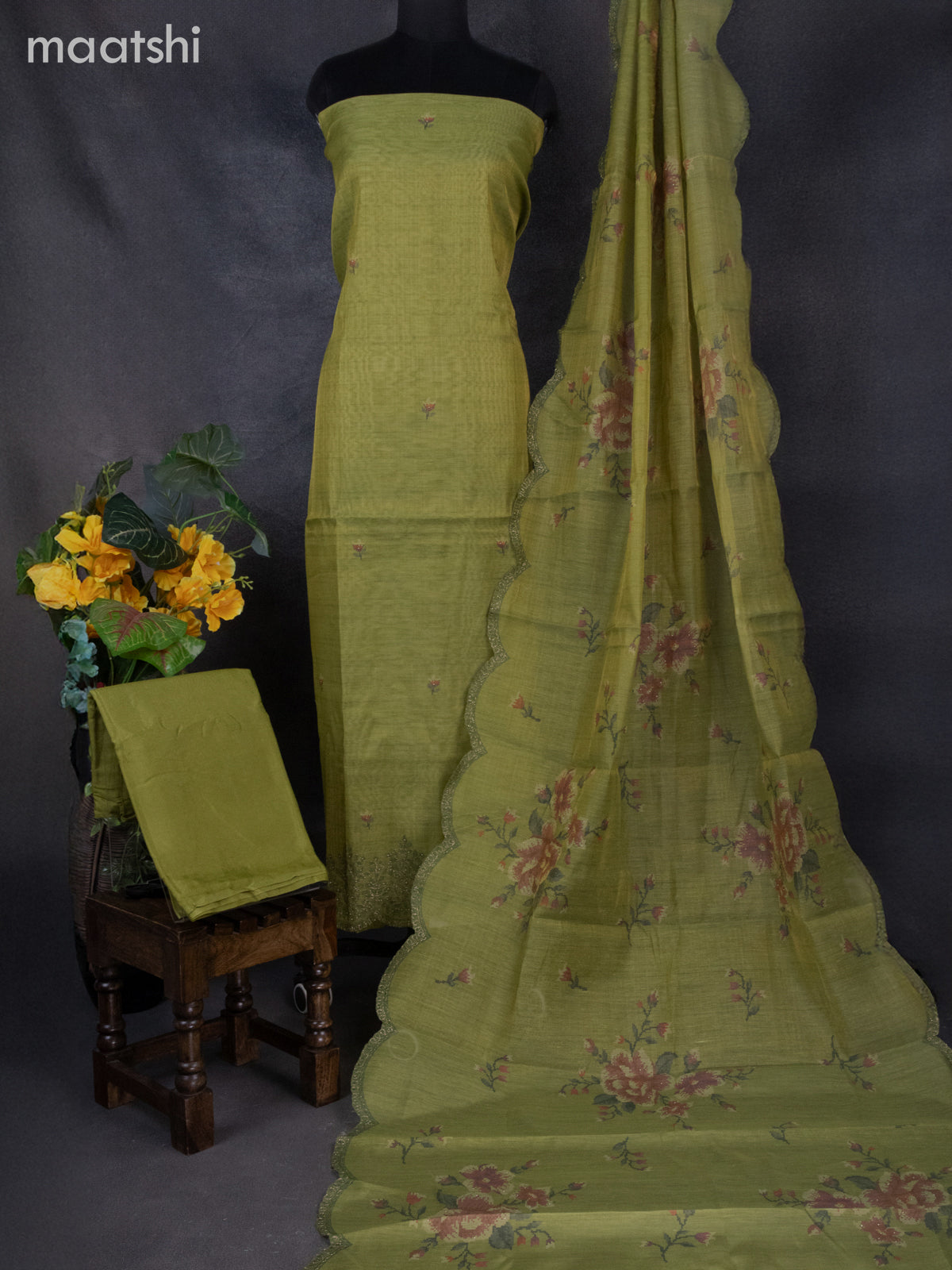 Tissue linen dress material green shade with floral buttas & embroidery work and bottom & printed dupatta