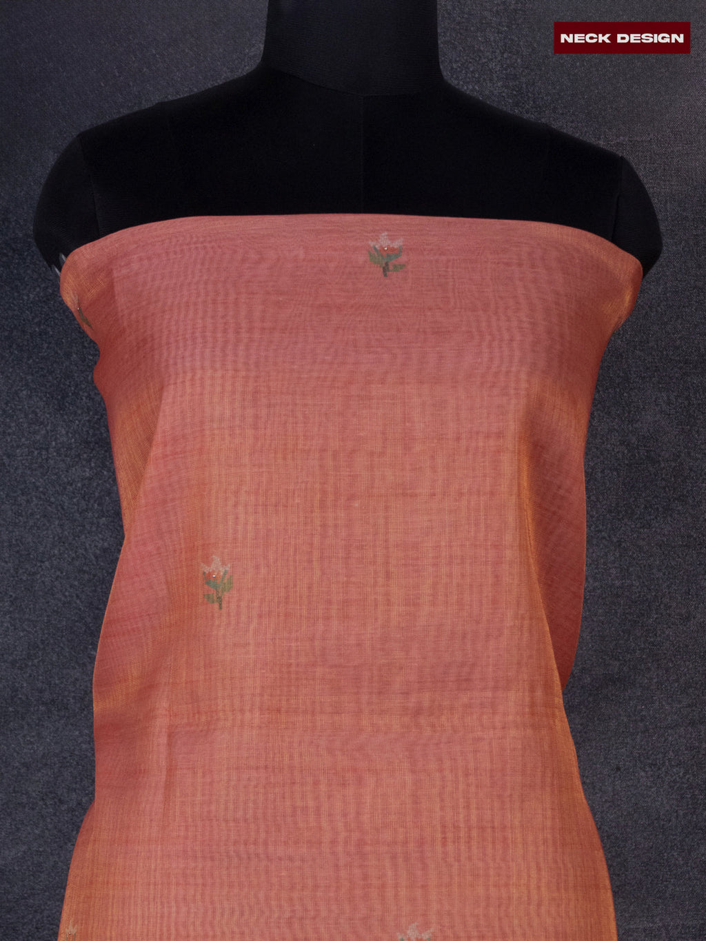 Tissue linen dress material peach shade with floral buttas & embroidery work and bottom & printed dupatta