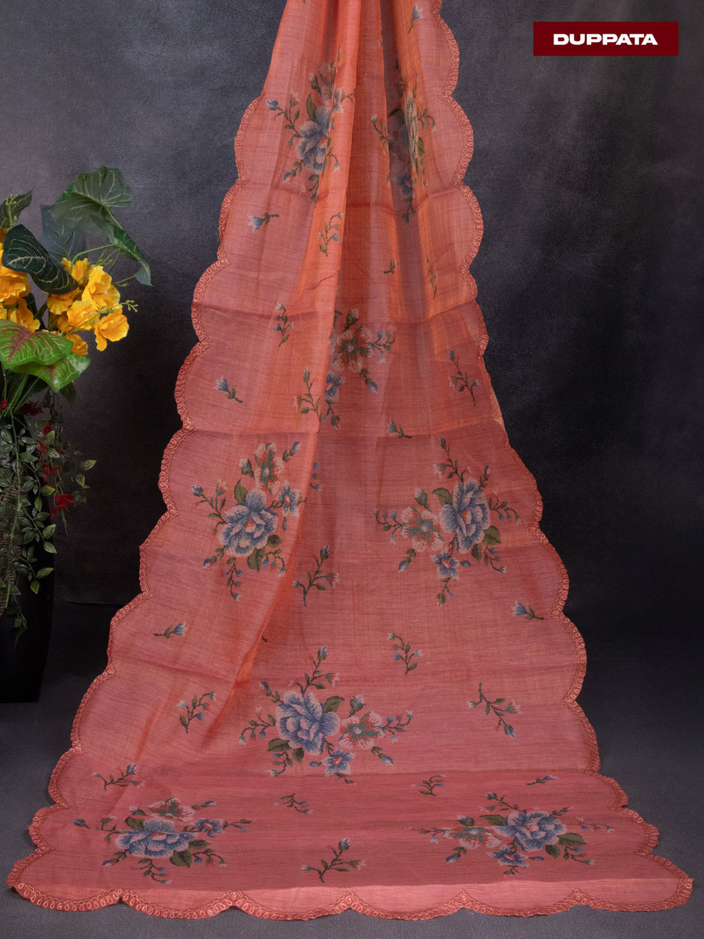 Tissue linen dress material peach shade with floral buttas & embroidery work and bottom & printed dupatta