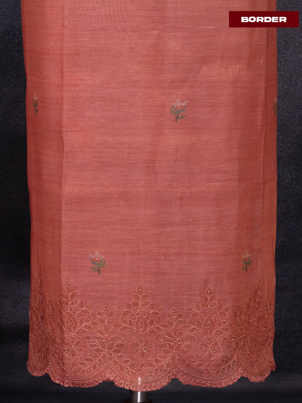 Tissue linen dress material peach shade with floral buttas & embroidery work and bottom & printed dupatta