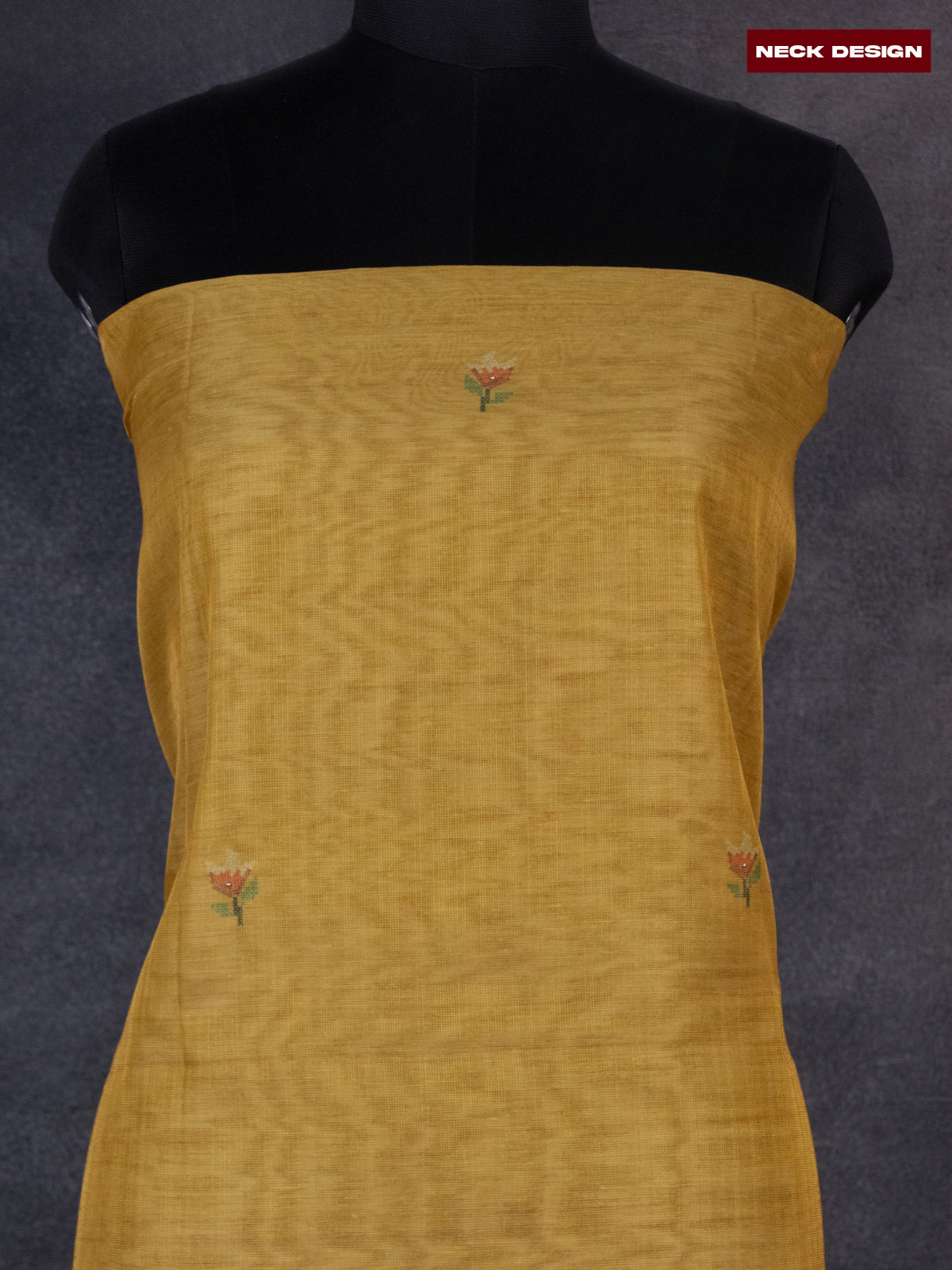 Tissue linen dress material mustard yellow with floral buttas & embroidery work and bottom & printed dupatta