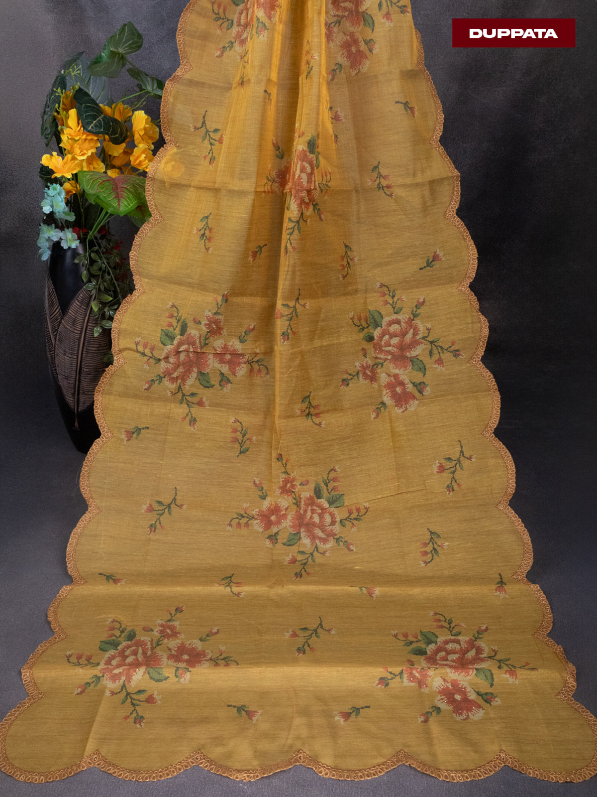 Tissue linen dress material mustard yellow with floral buttas & embroidery work and bottom & printed dupatta
