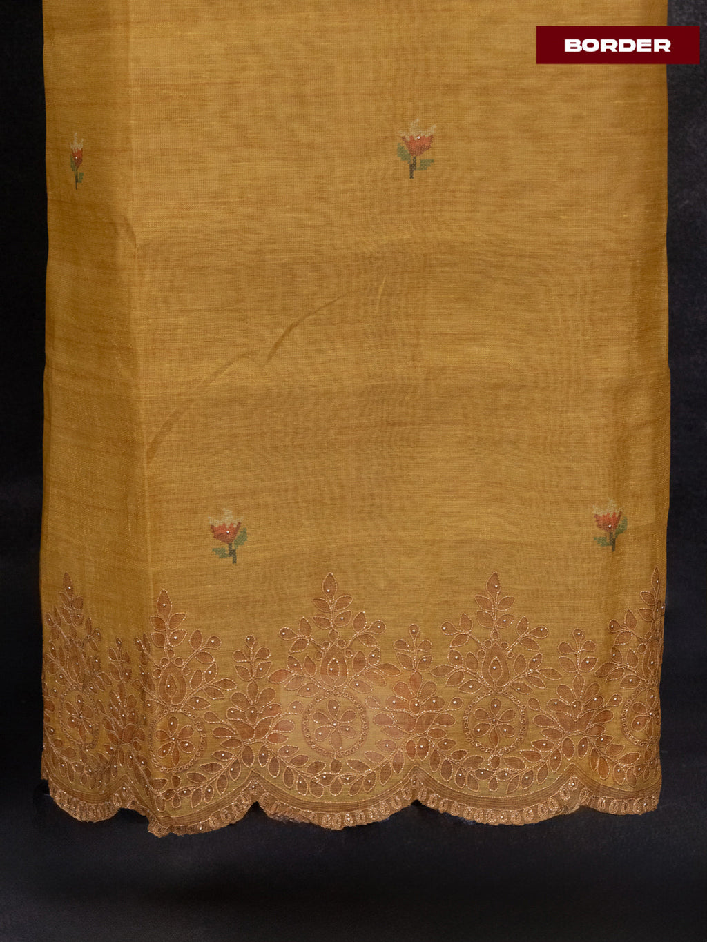 Tissue linen dress material mustard yellow with floral buttas & embroidery work and bottom & printed dupatta