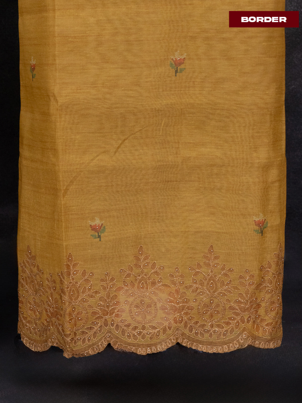 Tissue linen dress material mustard yellow with floral buttas & embroidery work and bottom & printed dupatta