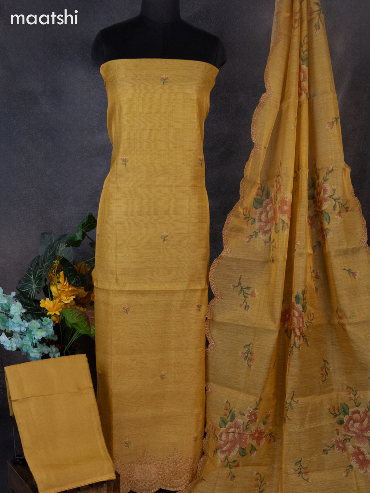 Tissue linen dress material mustard yellow with floral buttas & embroidery work and bottom & printed dupatta