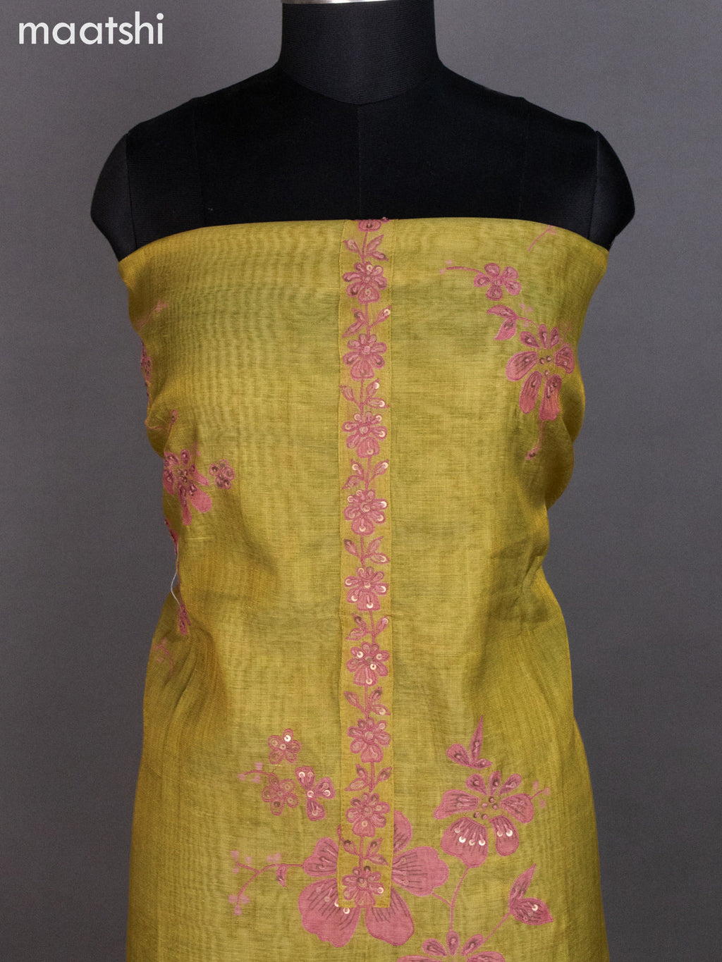 Tissue linen dress material mustard yellow with kantha stich work neck pattern and bottom & dupatta