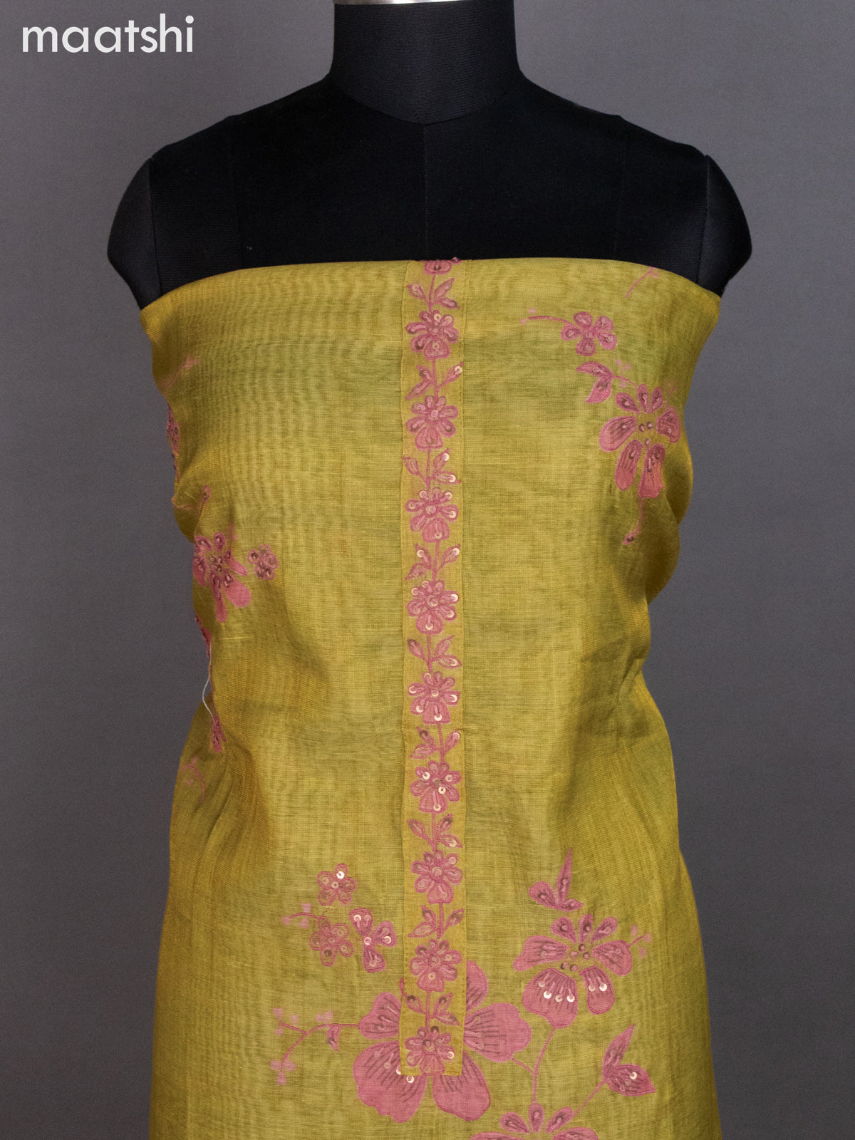 Tissue linen dress material mustard yellow with kantha stich work neck pattern and bottom & dupatta