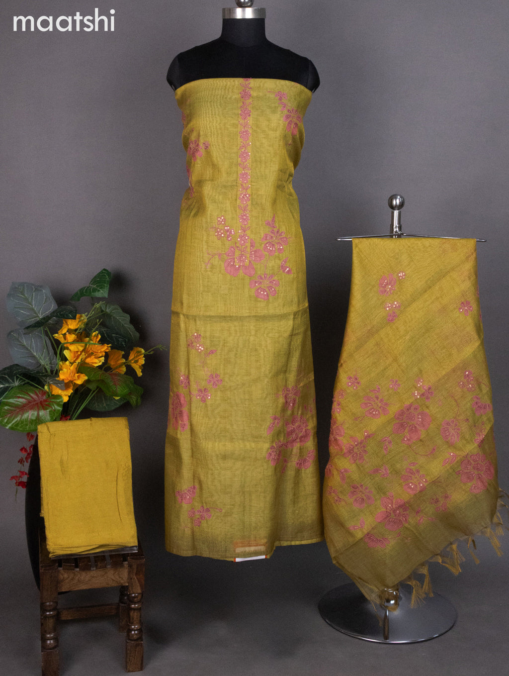 Tissue linen dress material mustard yellow with kantha stich work neck pattern and bottom & dupatta