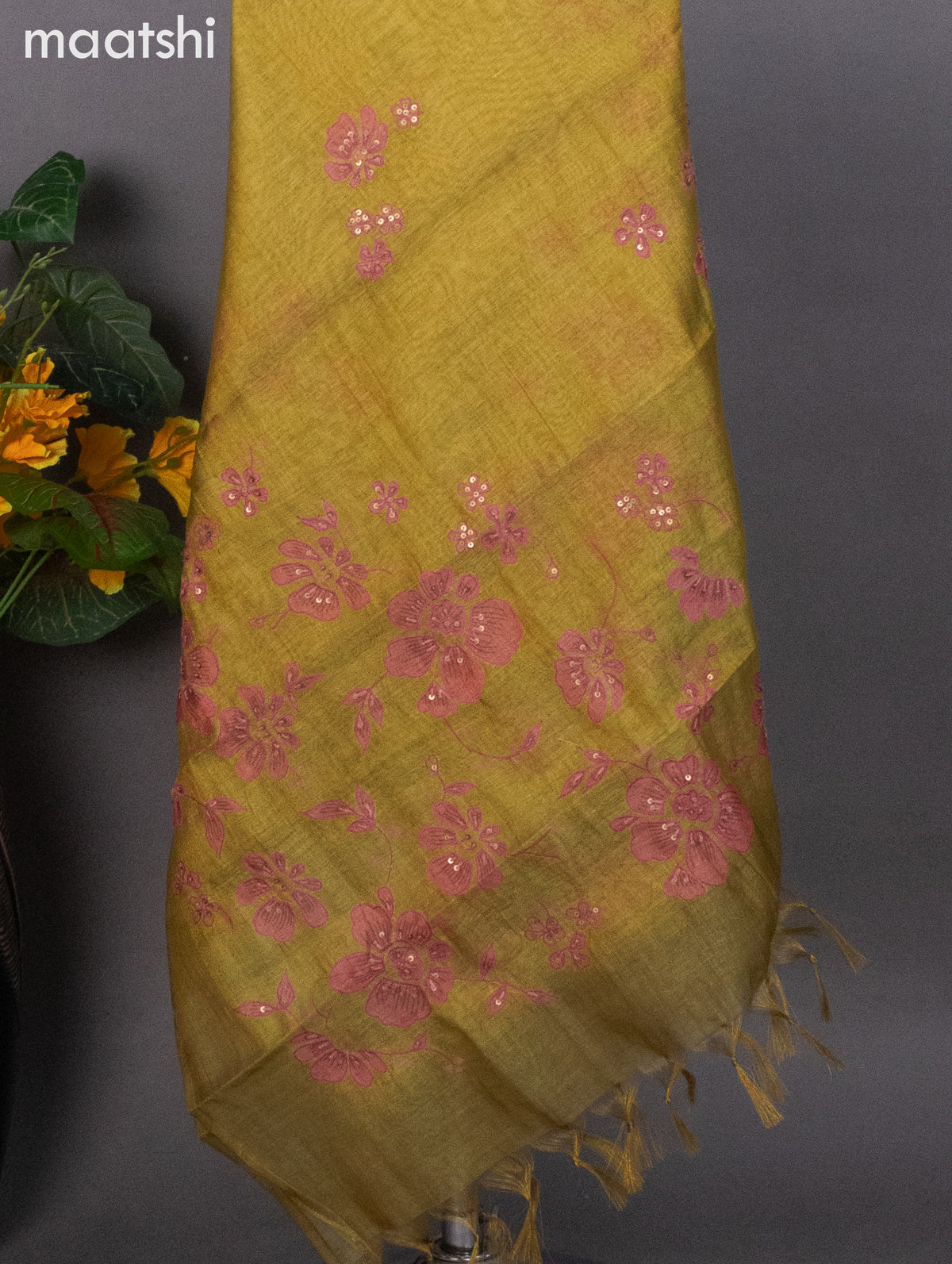 Tissue linen dress material mustard yellow with kantha stich work neck pattern and bottom & dupatta