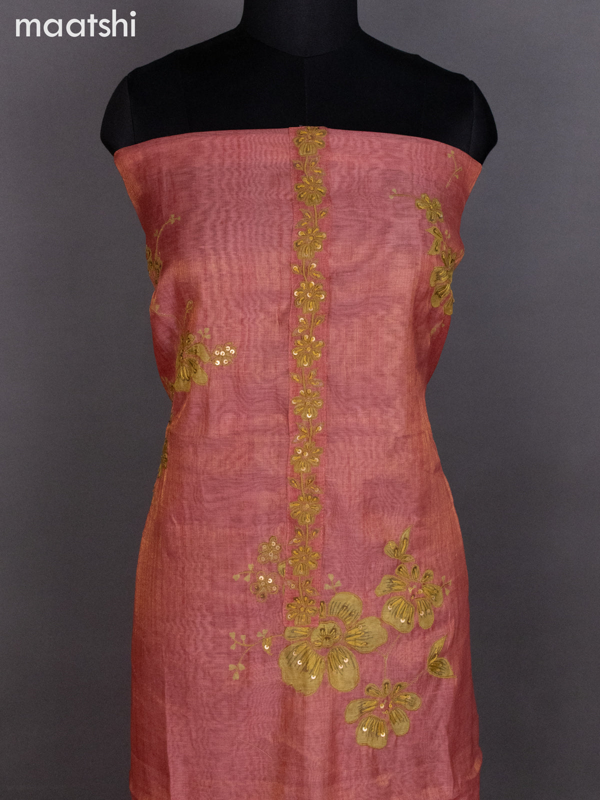 Tissue linen dress material peach pink shade with kantha stich work neck pattern and bottom & dupatta