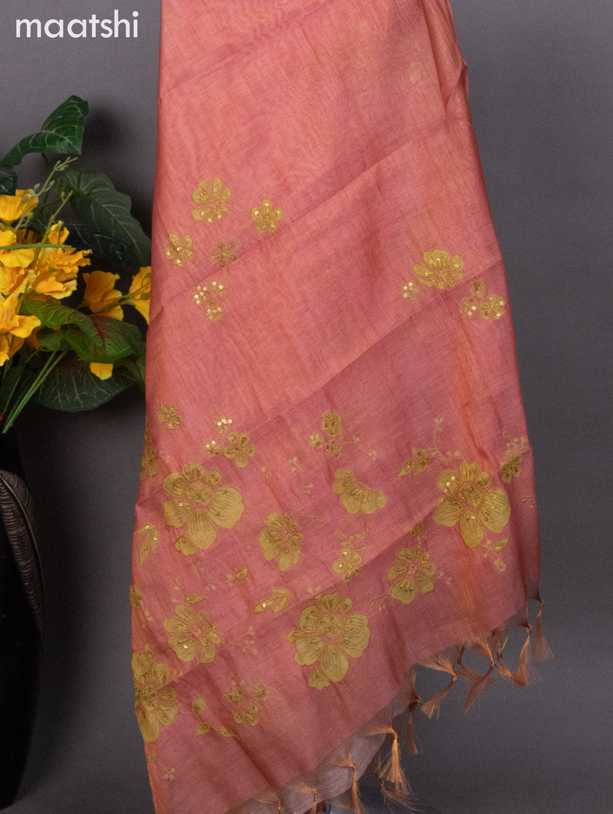 Tissue linen dress material peach pink shade with kantha stich work neck pattern and bottom & dupatta