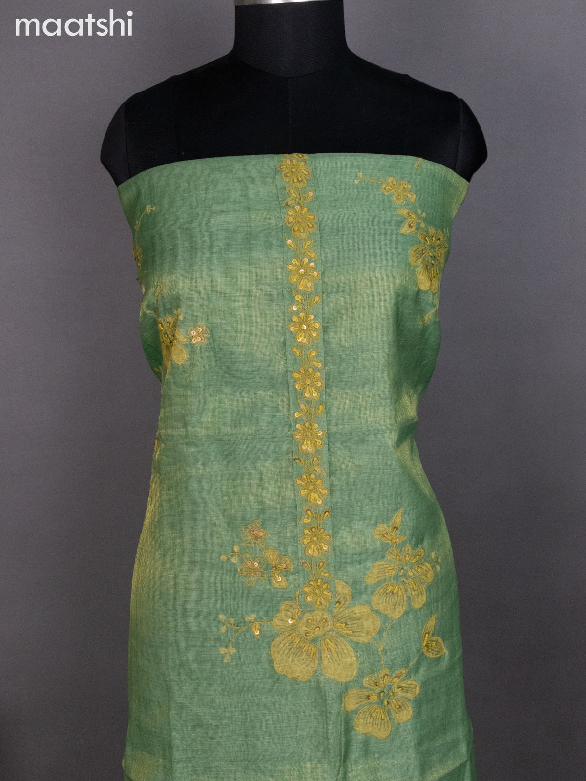 Tissue linen dress material green with kantha stich work neck pattern and bottom & dupatta