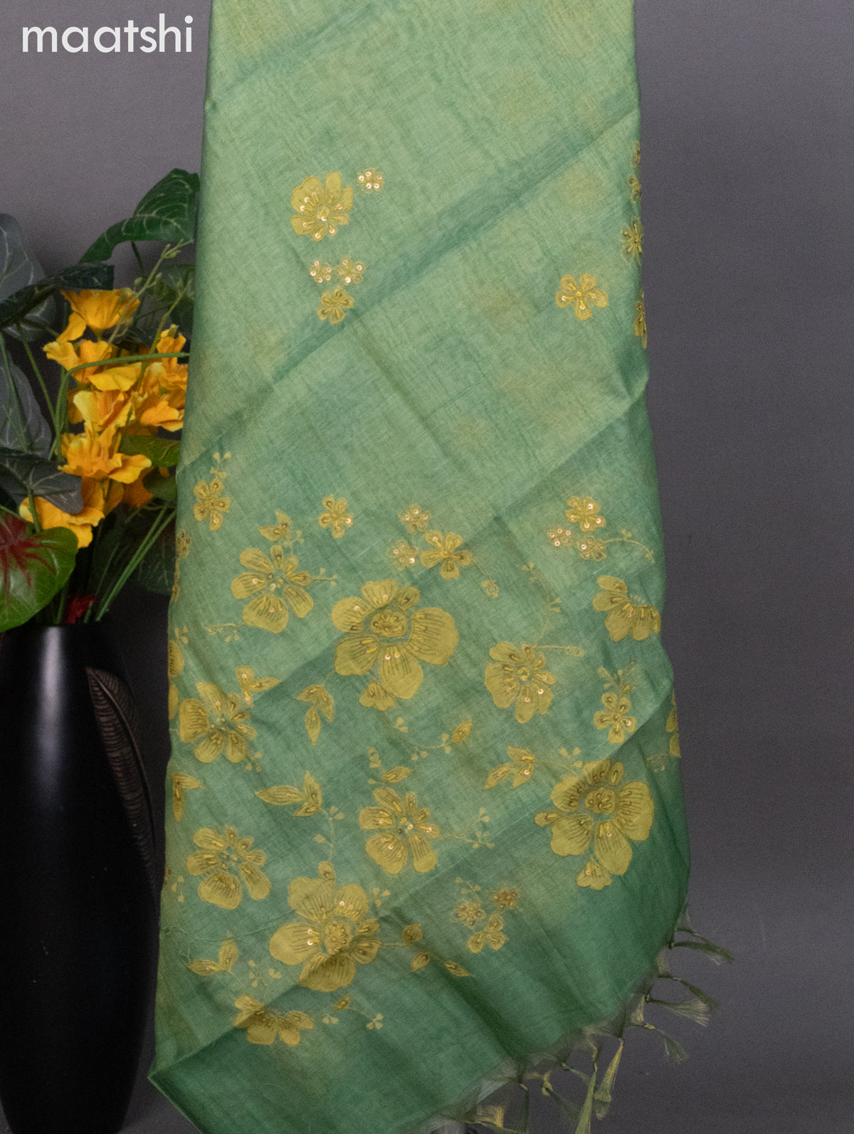 Tissue linen dress material green with kantha stich work neck pattern and bottom & dupatta