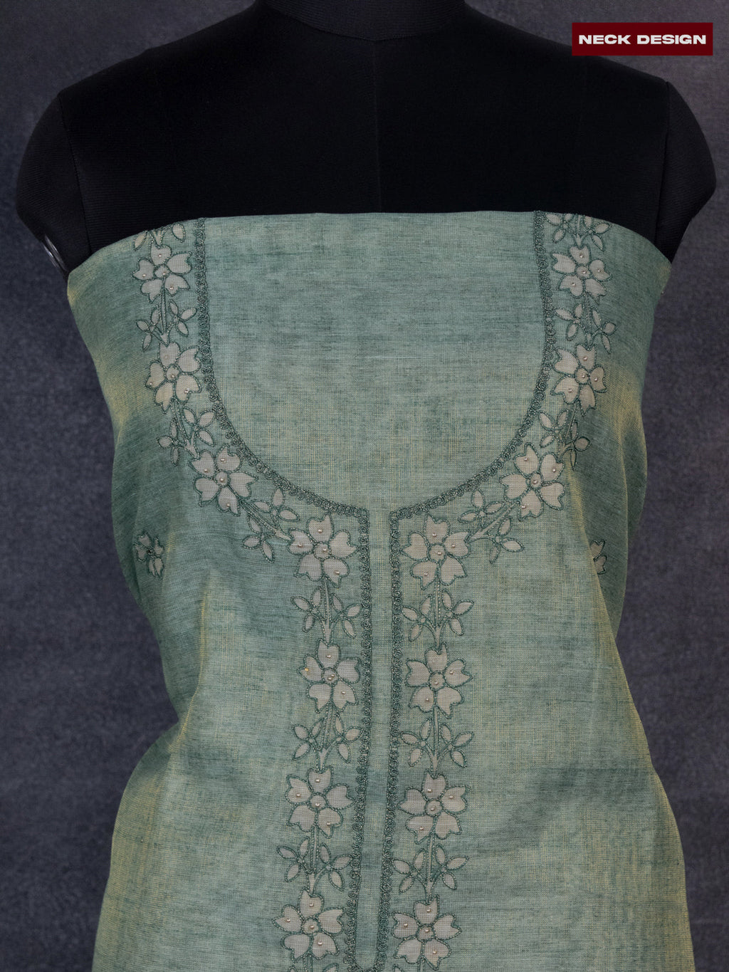 Tissue linen dress material green shade with floral buttas & embroidery work neck pattern and bottom & dupatta