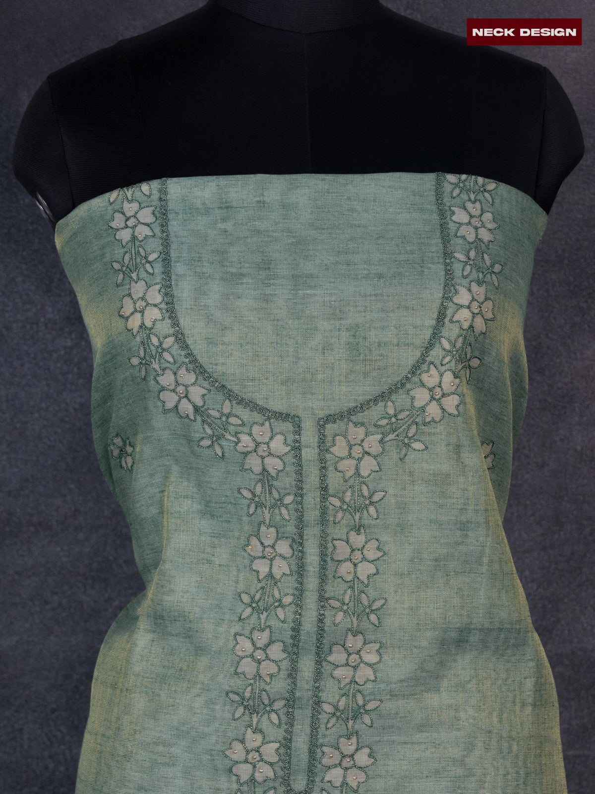 Tissue linen dress material green shade with floral buttas & embroidery work neck pattern and bottom & dupatta