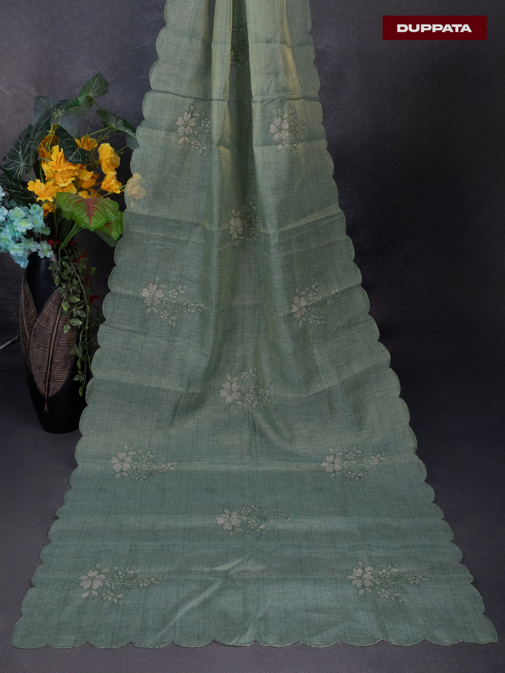 Tissue linen dress material green shade with floral buttas & embroidery work neck pattern and bottom & dupatta