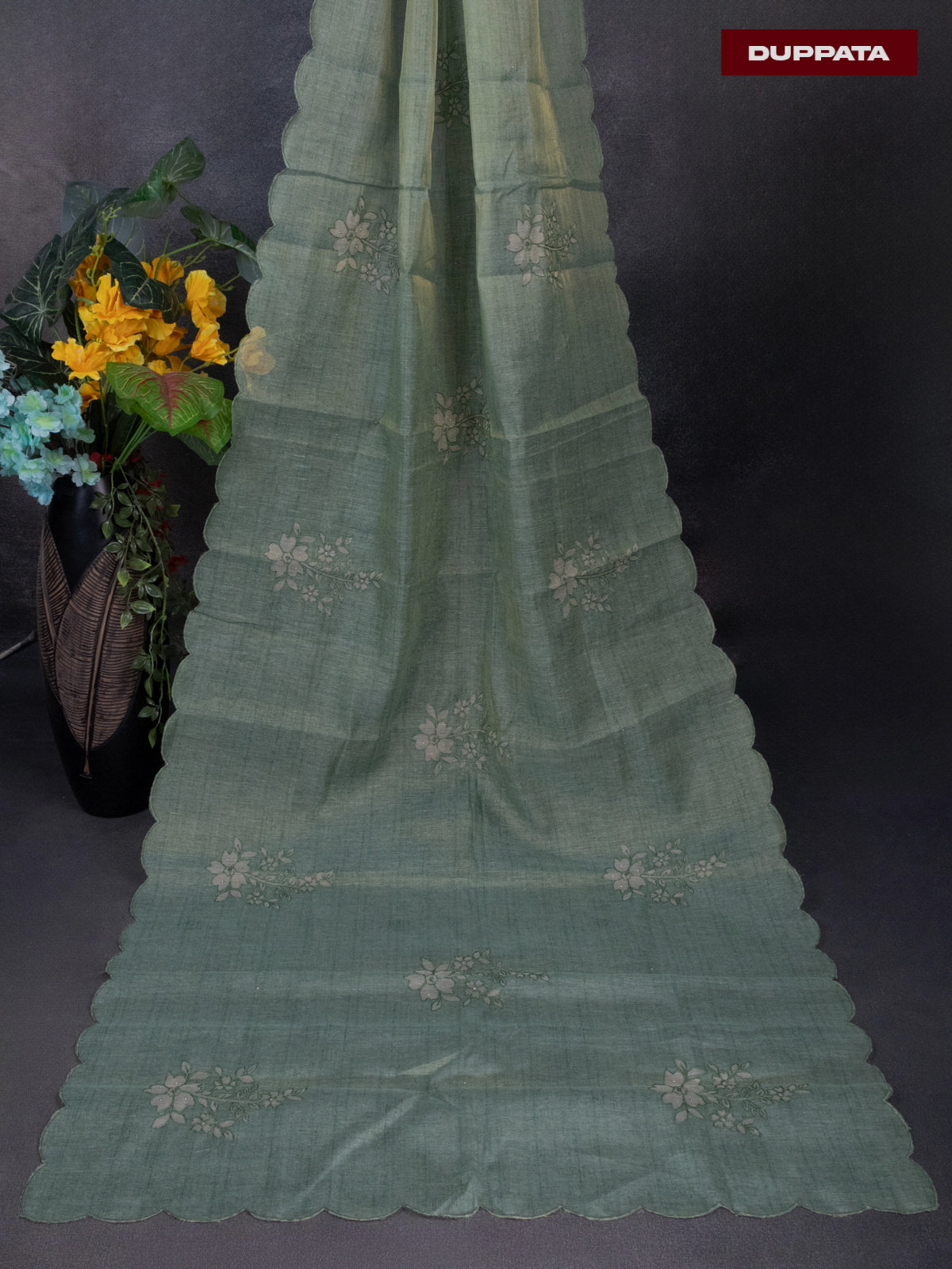 Tissue linen dress material green shade with floral buttas & embroidery work neck pattern and bottom & dupatta