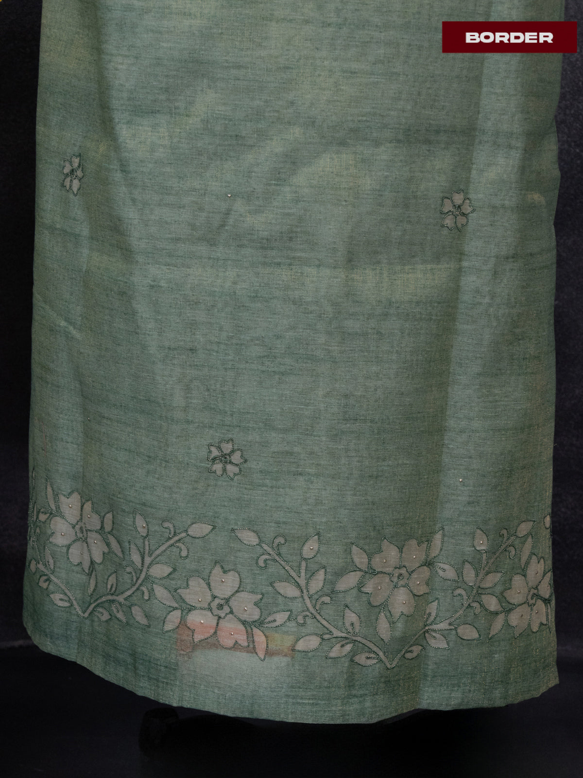 Tissue linen dress material green shade with floral buttas & embroidery work neck pattern and bottom & dupatta