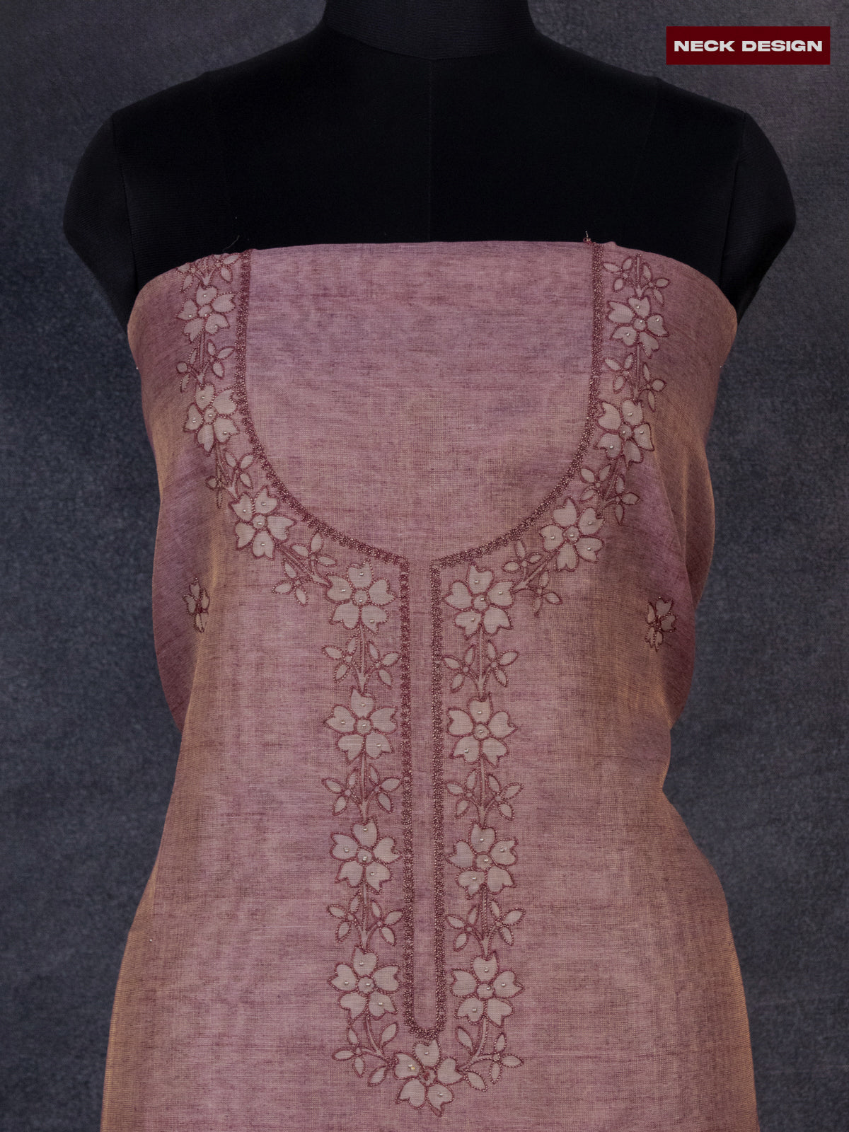 Tissue linen dress material mauve pink shade with floral buttas & embroidery work neck pattern and bottom & dupatta