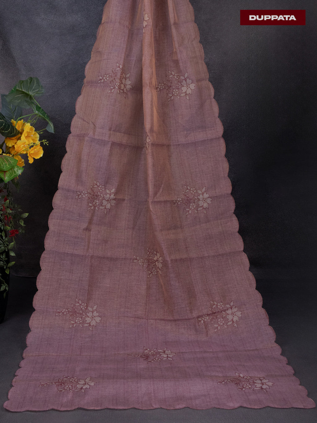 Tissue linen dress material mauve pink shade with floral buttas & embroidery work neck pattern and bottom & dupatta