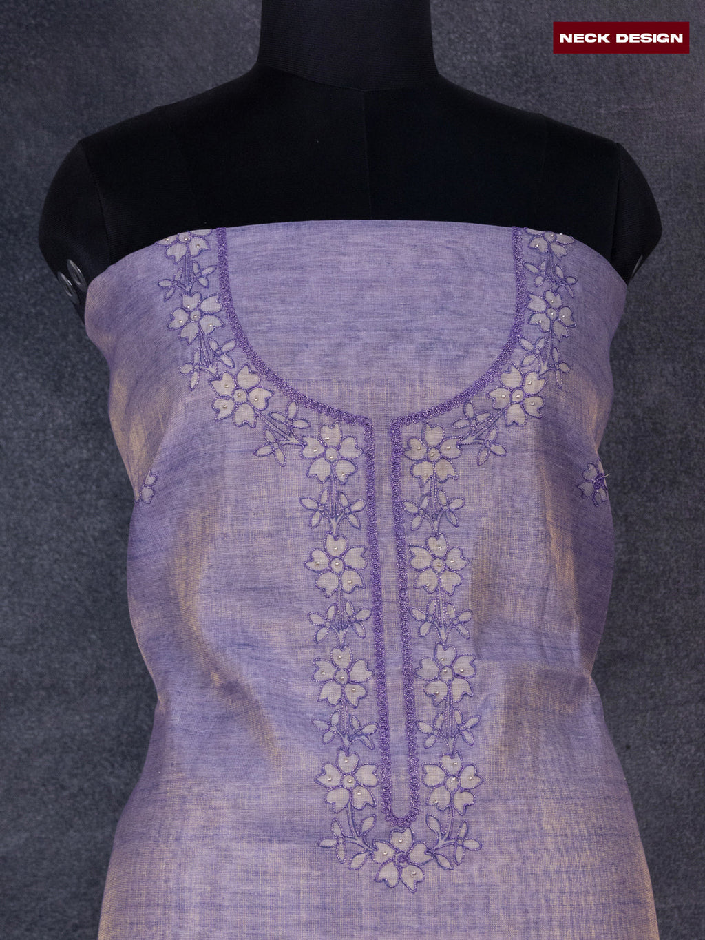 Tissue linen dress material purple shade with floral buttas & embroidery work neck pattern and bottom & dupatta