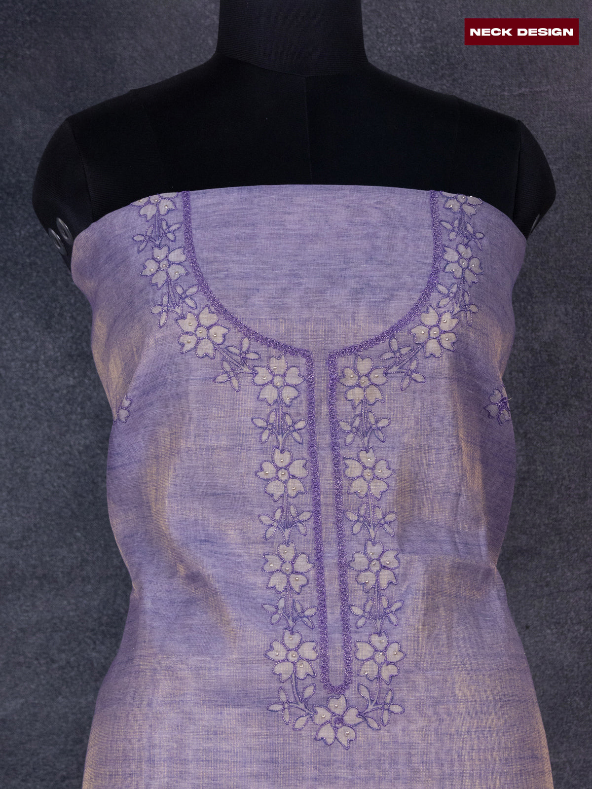Tissue linen dress material purple shade with floral buttas & embroidery work neck pattern and bottom & dupatta